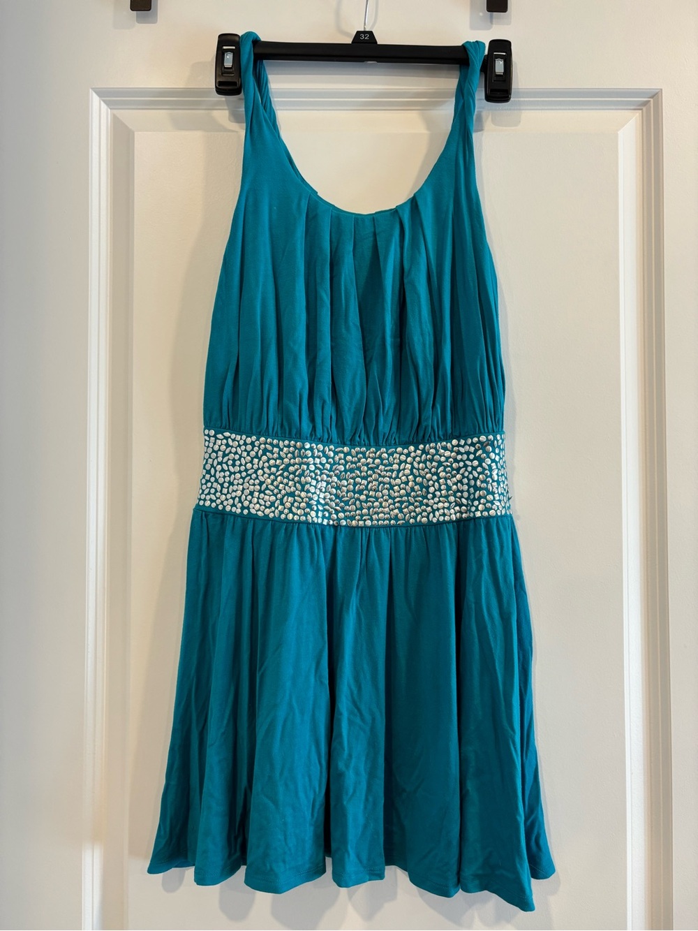 Teal Sleeveless Party Dress with Crystal Waistband